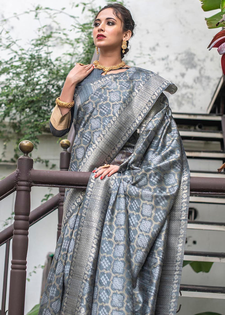 Anchor Grey Zari Woven Tussar Silk Saree | Stitched Blouse - qivii