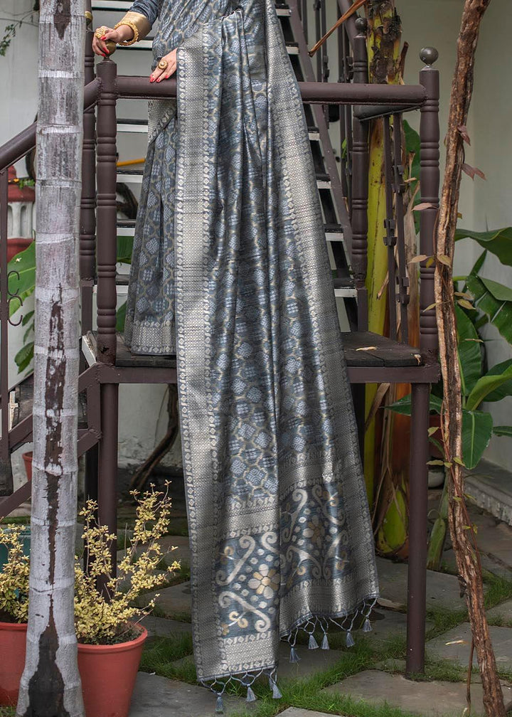 Anchor Grey Zari Woven Tussar Silk Saree | Stitched Blouse - qivii