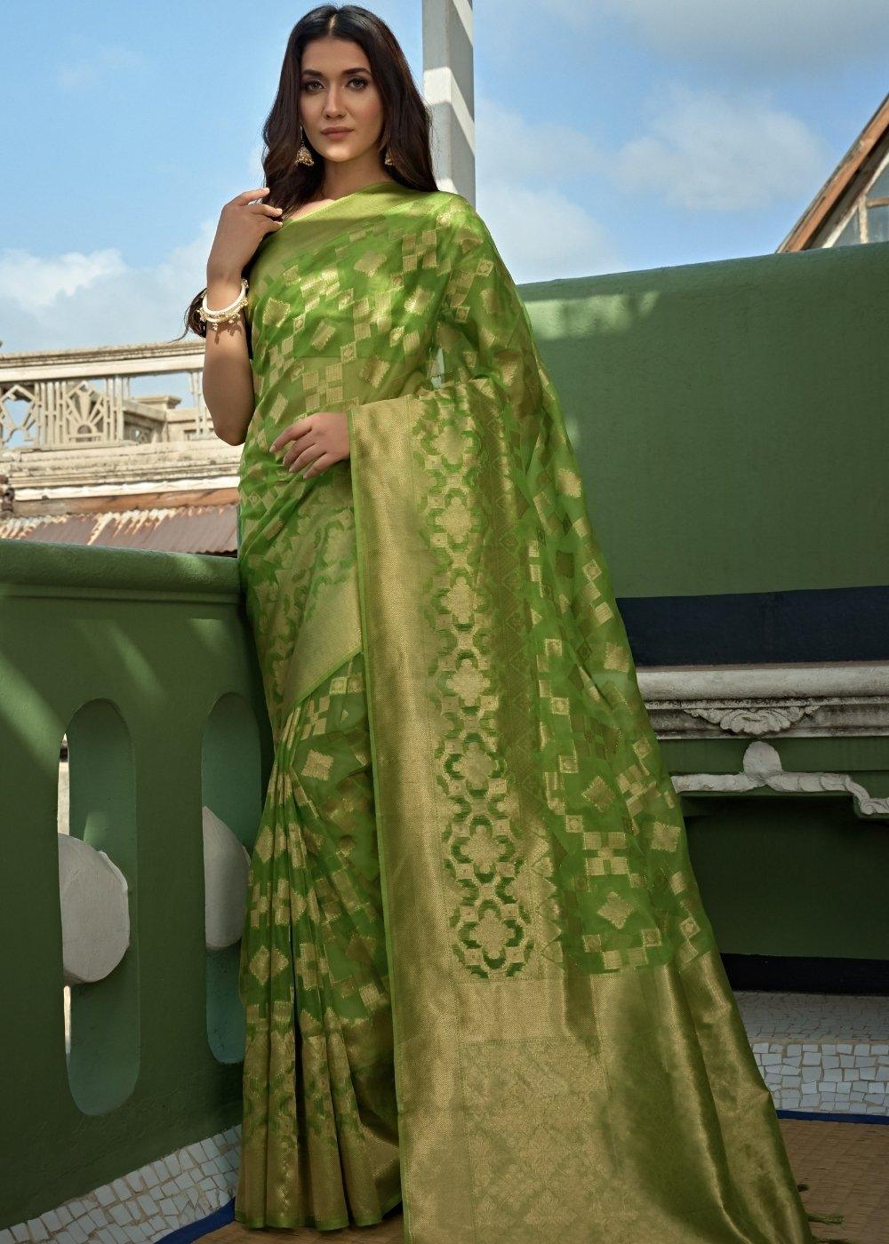 Apple Green Zari Woven Organza Silk Saree | Stitched Blouse - qivii