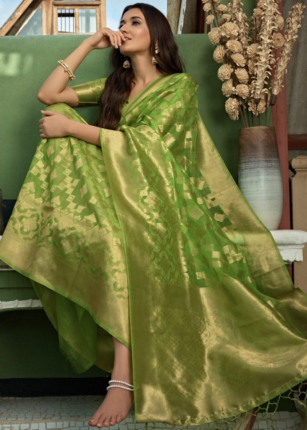 Apple Green Zari Woven Organza Silk Saree | Stitched Blouse - qivii