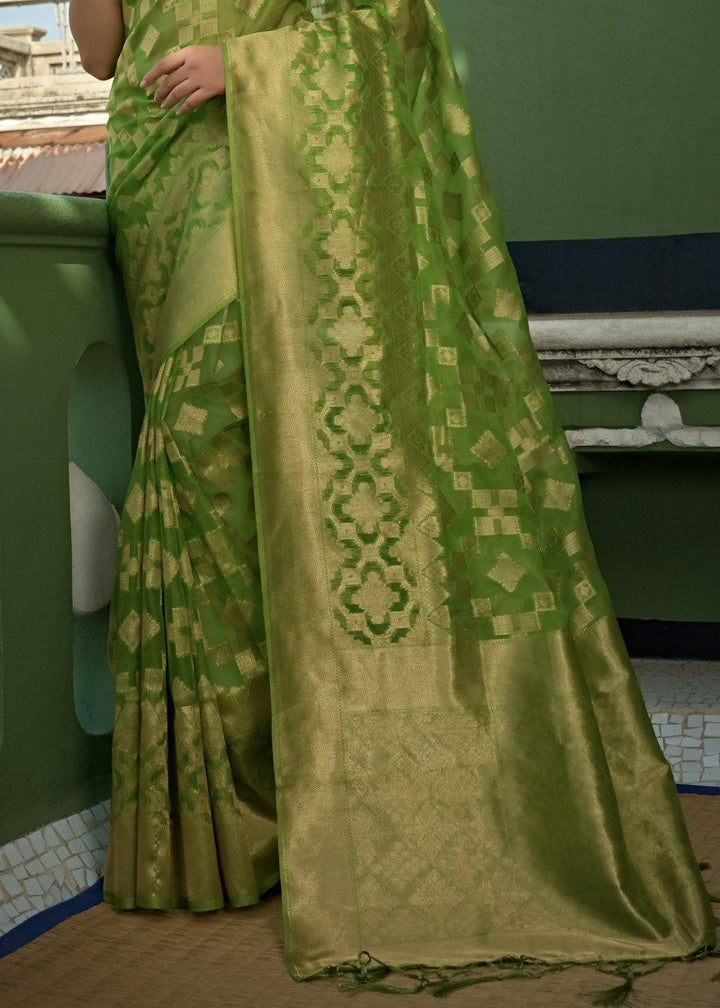 Apple Green Zari Woven Organza Silk Saree | Stitched Blouse - qivii