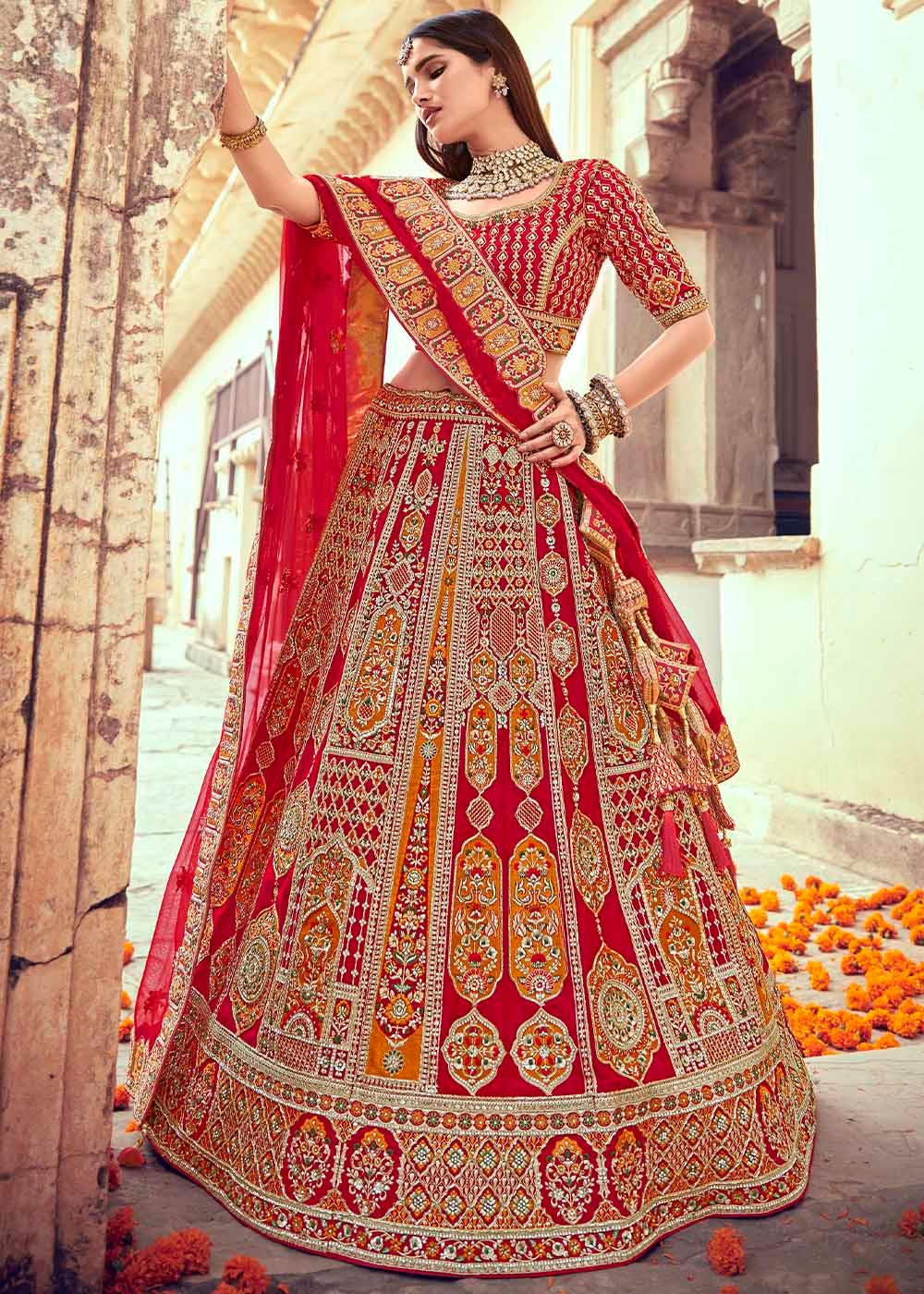 Apple Red Banarasi Silk Lehenga Choli with Jarkan, Cutdana and Hand Embroidery work:Bridal Edition - qivii