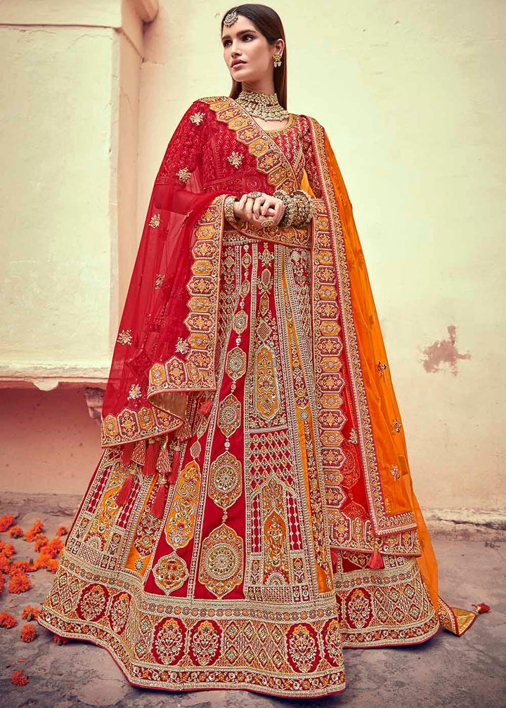 Apple Red Banarasi Silk Lehenga Choli with Jarkan, Cutdana and Hand Embroidery work:Bridal Edition - qivii