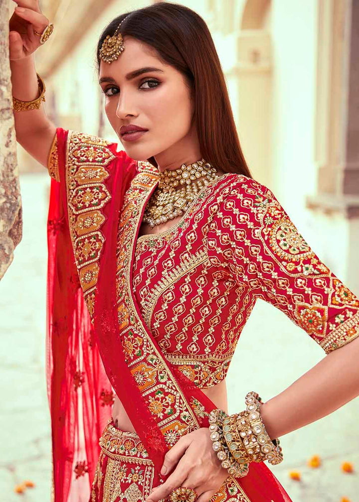 Apple Red Banarasi Silk Lehenga Choli with Jarkan, Cutdana and Hand Embroidery work:Bridal Edition - qivii