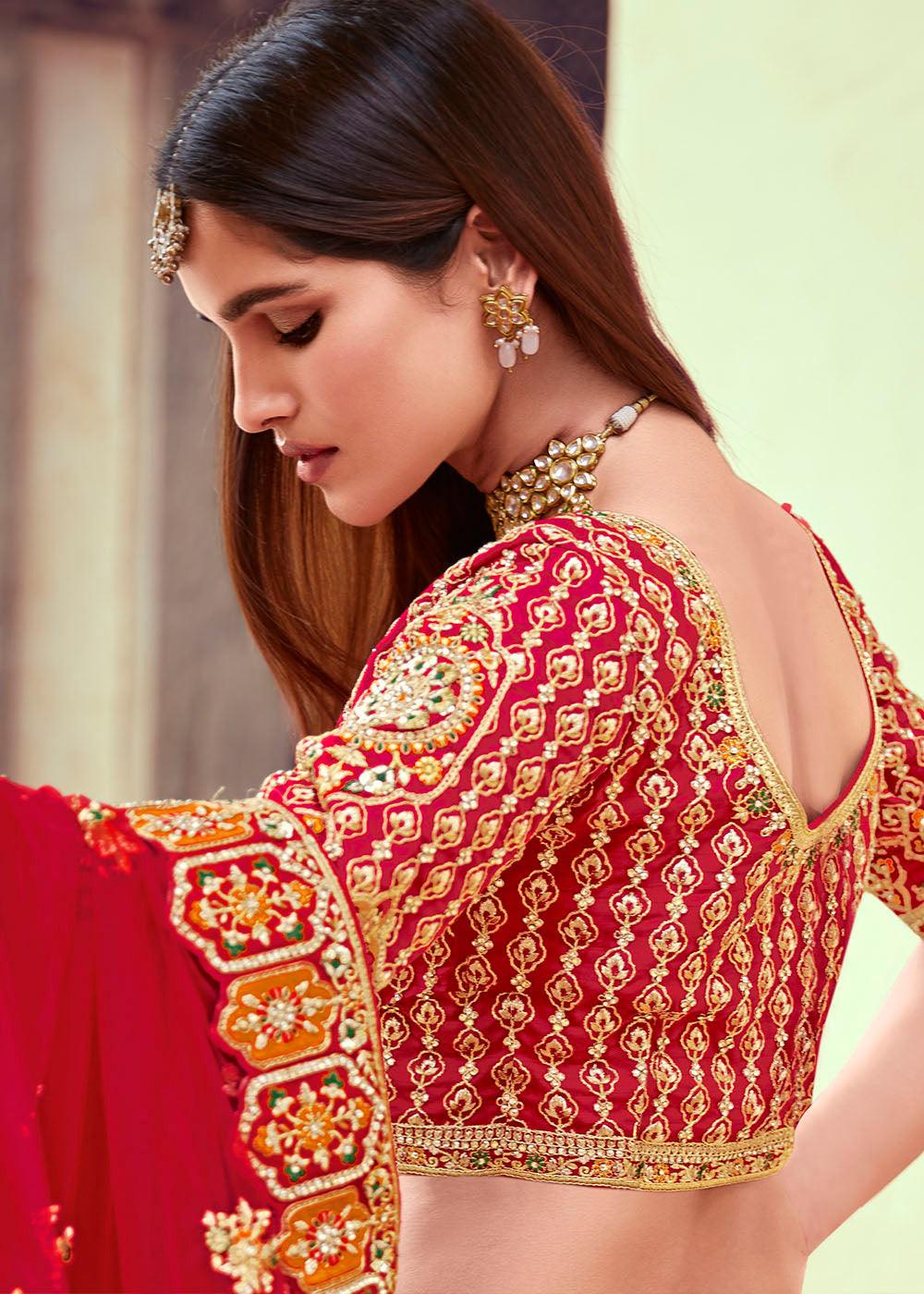 Apple Red Banarasi Silk Lehenga Choli with Jarkan, Cutdana and Hand Embroidery work:Bridal Edition - qivii