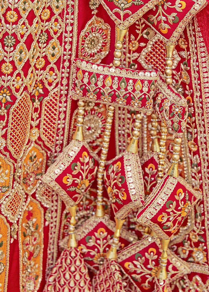 Apple Red Banarasi Silk Lehenga Choli with Jarkan, Cutdana and Hand Embroidery work:Bridal Edition - qivii