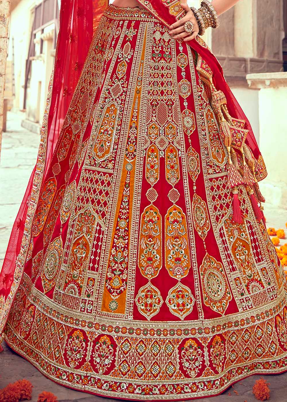 Apple Red Banarasi Silk Lehenga Choli with Jarkan, Cutdana and Hand Embroidery work:Bridal Edition - qivii