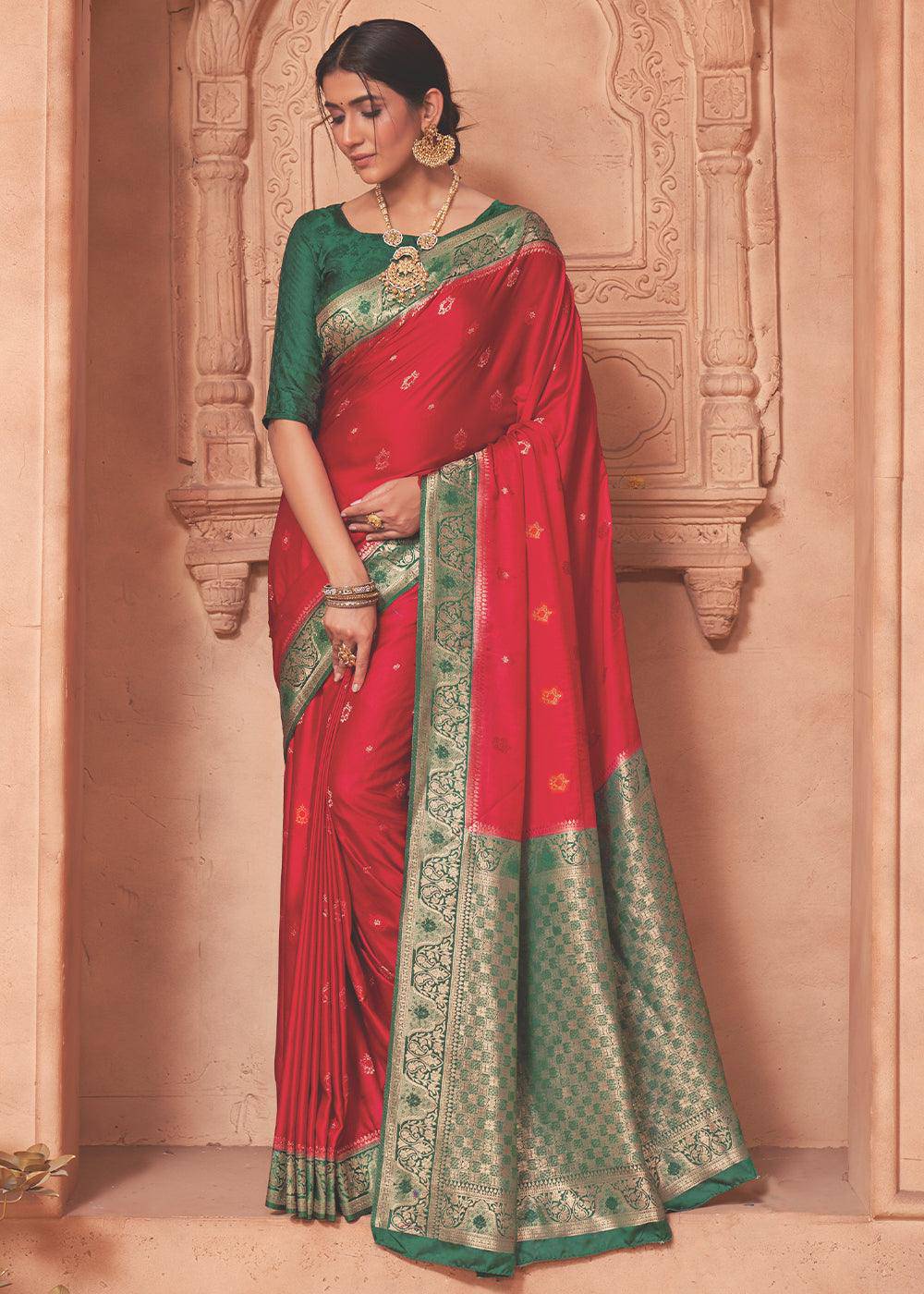 Apple Red Satin Silk Saree with Overall Butti work | Stitched Blouse - qivii