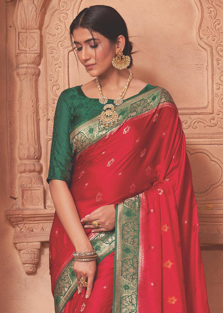 Apple Red Satin Silk Saree with Overall Butti work | Stitched Blouse - qivii