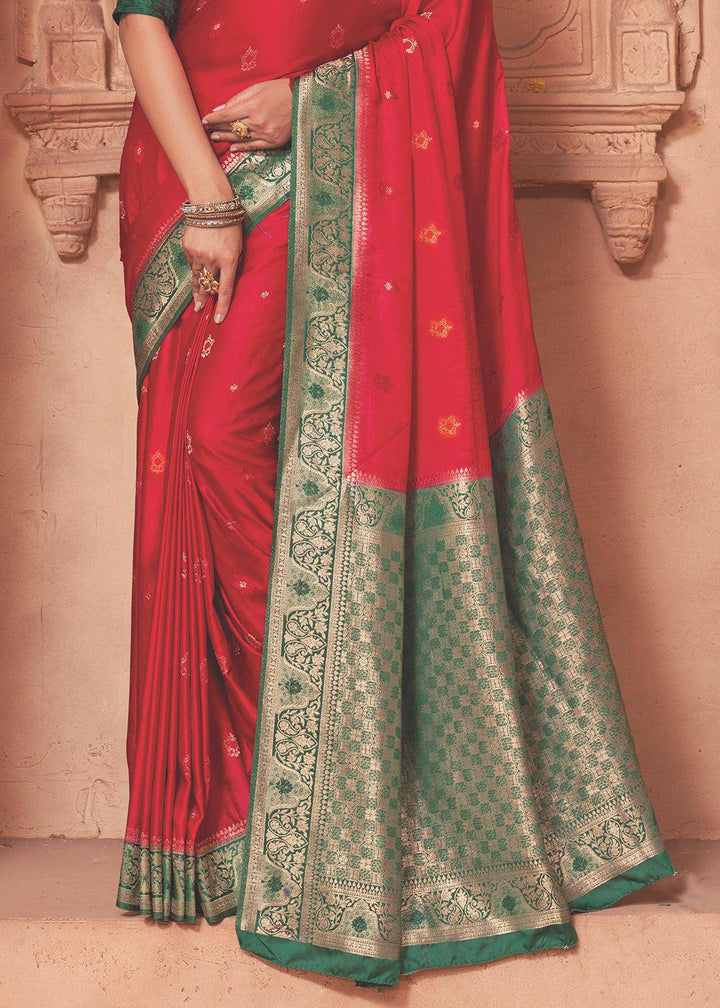 Apple Red Satin Silk Saree with Overall Butti work | Stitched Blouse - qivii