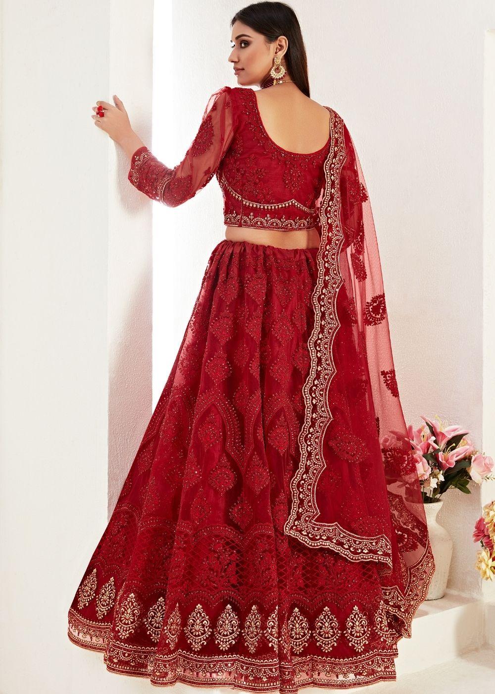 Apple Red Soft Net Lehenga Choli with Coding, Thread, Stonework & Zari Embroidery - qivii