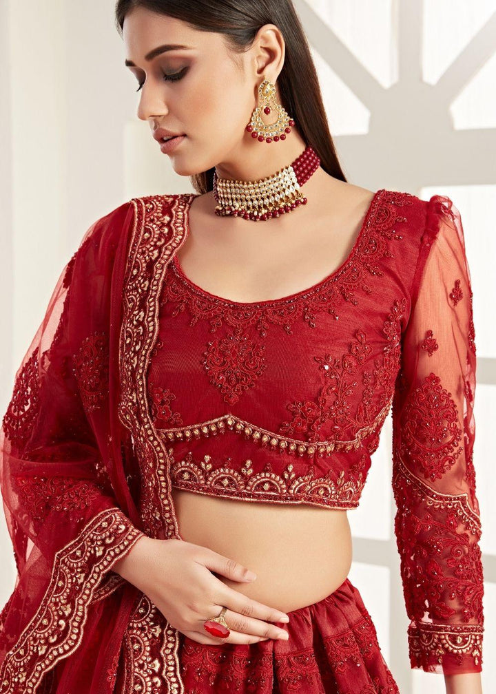 Apple Red Soft Net Lehenga Choli with Coding, Thread, Stonework & Zari Embroidery - qivii