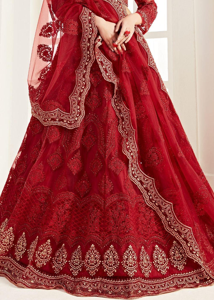 Apple Red Soft Net Lehenga Choli with Coding, Thread, Stonework & Zari Embroidery - qivii