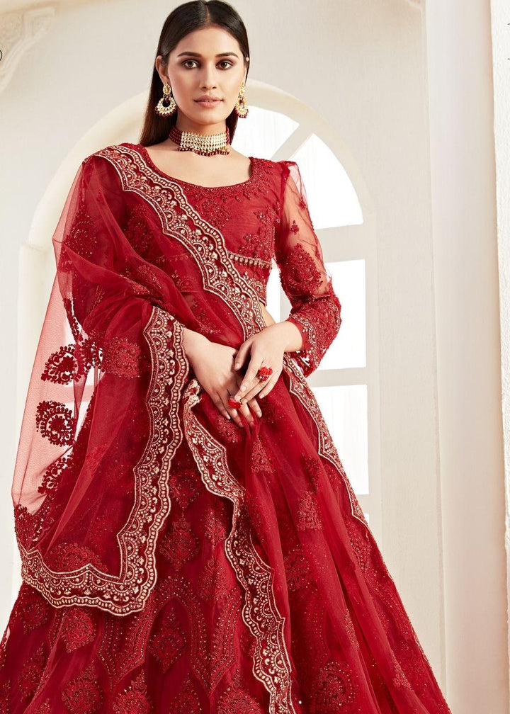 Apple Red Soft Net Lehenga Choli with Coding, Thread, Stonework & Zari Embroidery - qivii