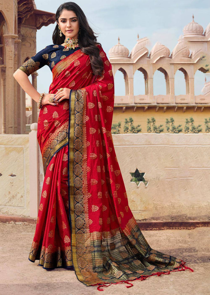 Apple Red Zari Butta Woven Raw Banarasi Silk Saree | Stitched Blouse - qivii