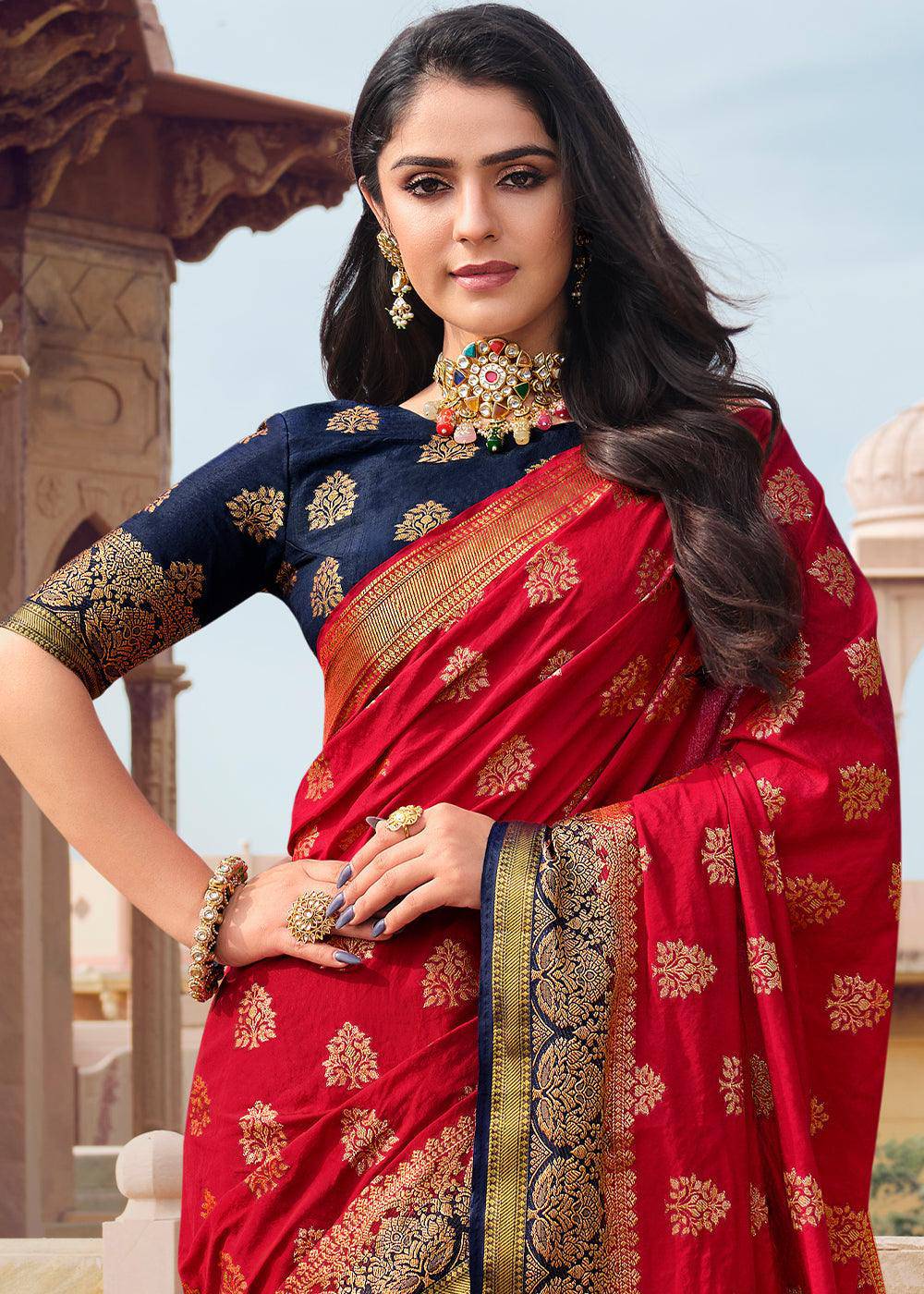 Apple Red Zari Butta Woven Raw Banarasi Silk Saree | Stitched Blouse - qivii