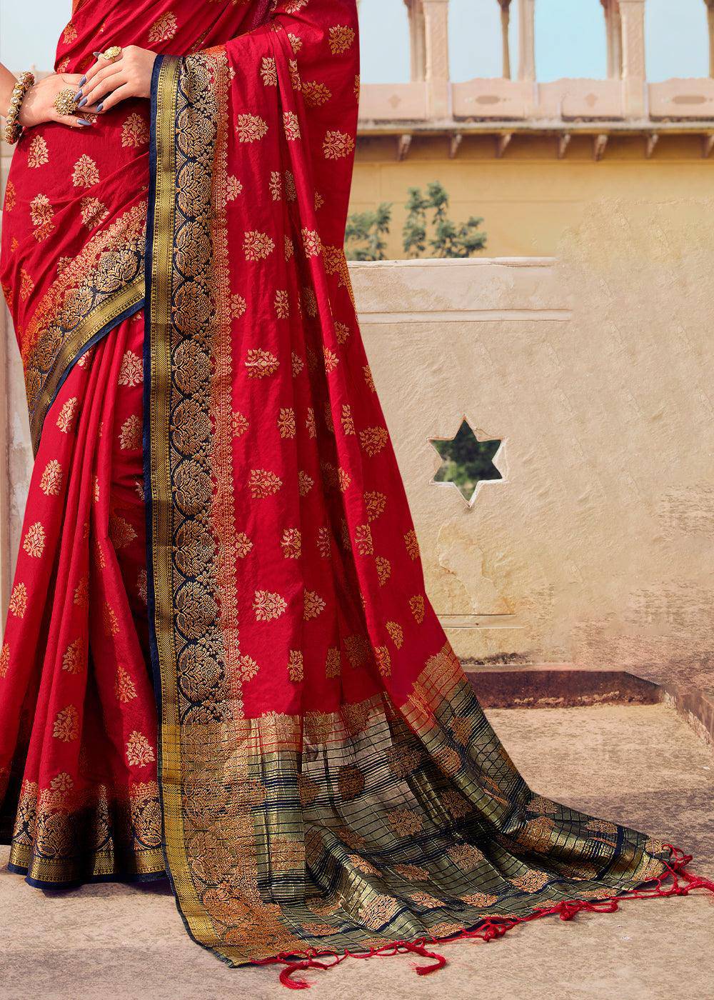 Apple Red Zari Butta Woven Raw Banarasi Silk Saree | Stitched Blouse - qivii