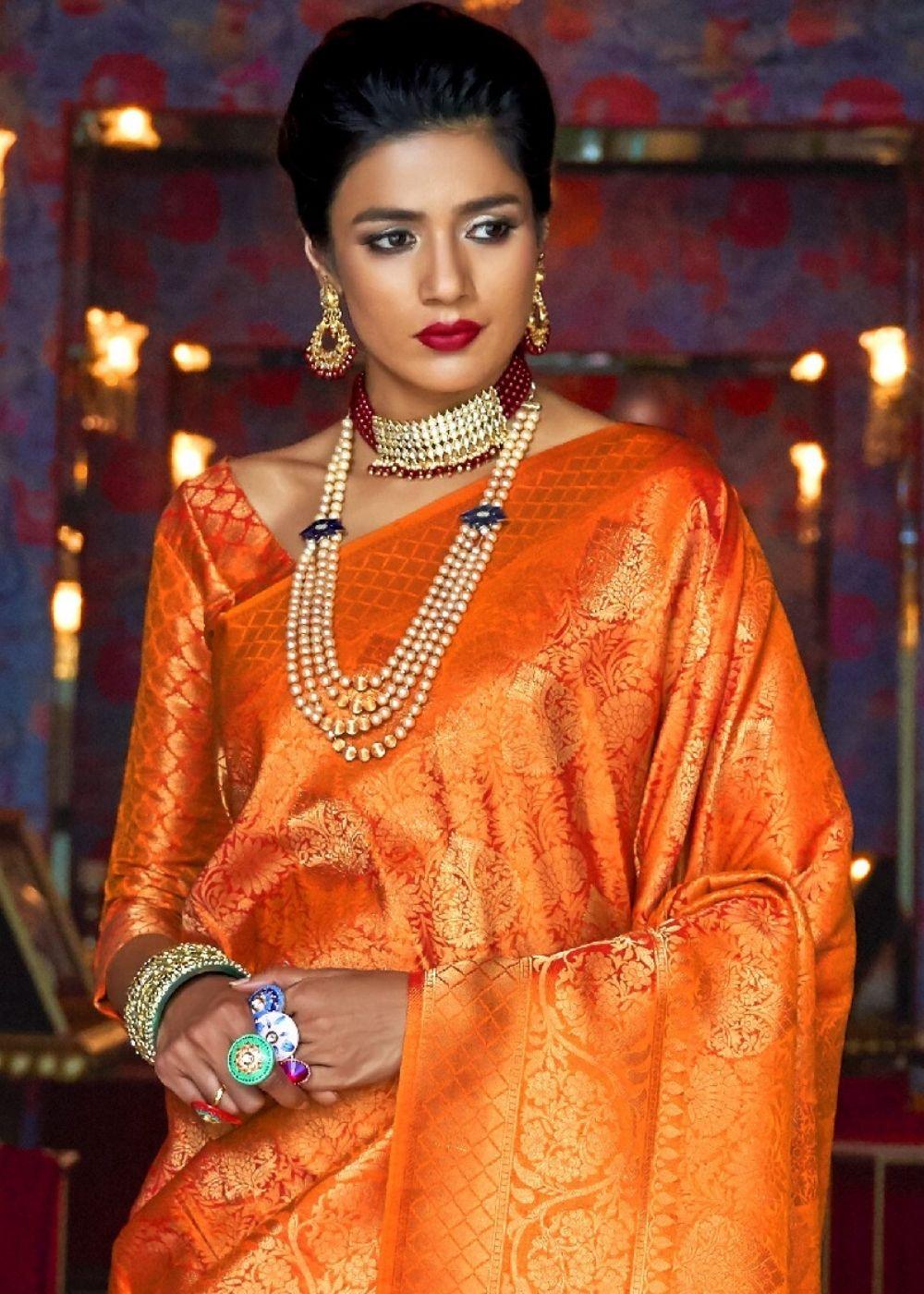 Apricot Orange and Golden Blend Woven Kanjivaram Soft Silk Saree | Stitched Blouse - qivii