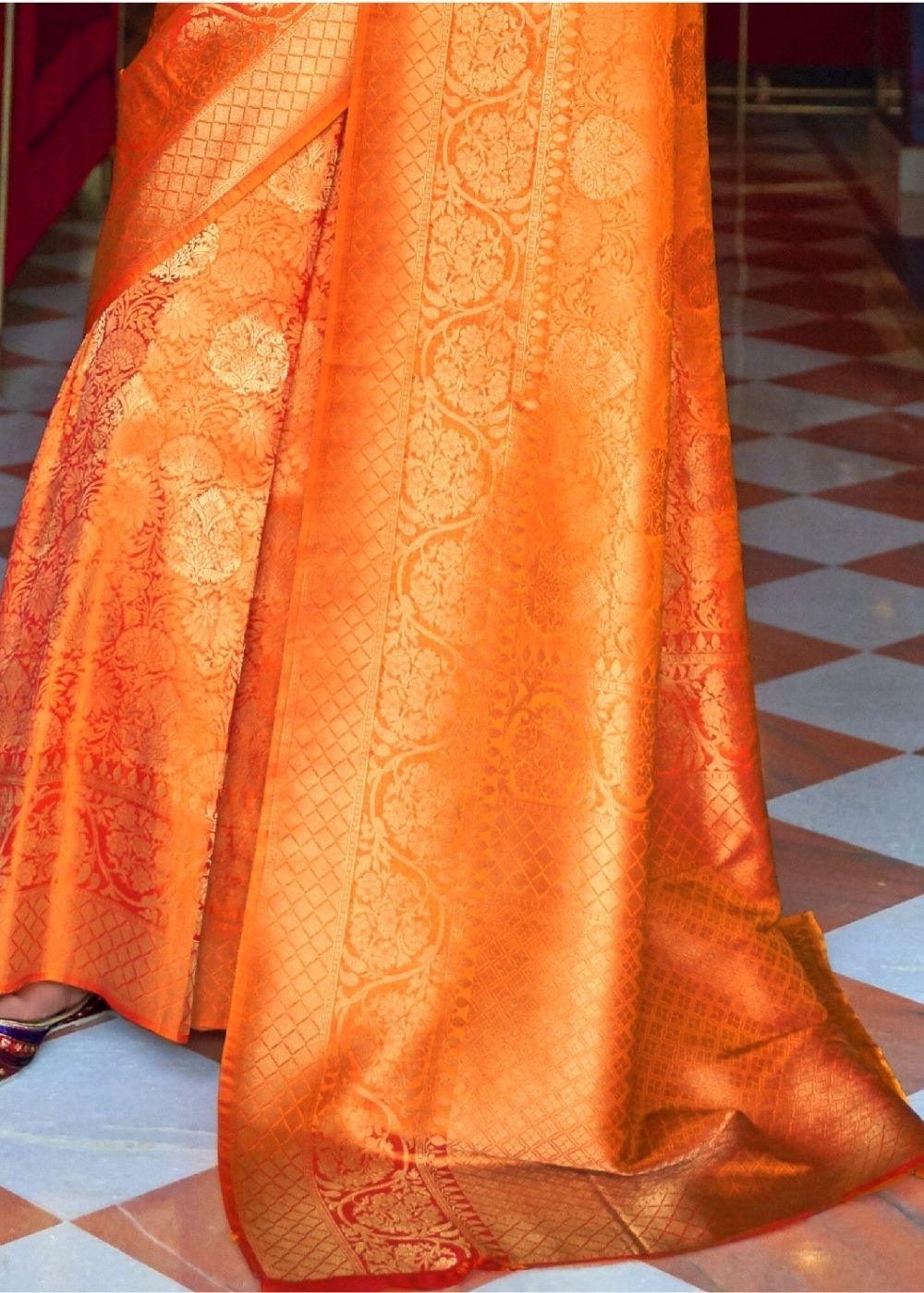 Apricot Orange and Golden Blend Woven Kanjivaram Soft Silk Saree | Stitched Blouse - qivii