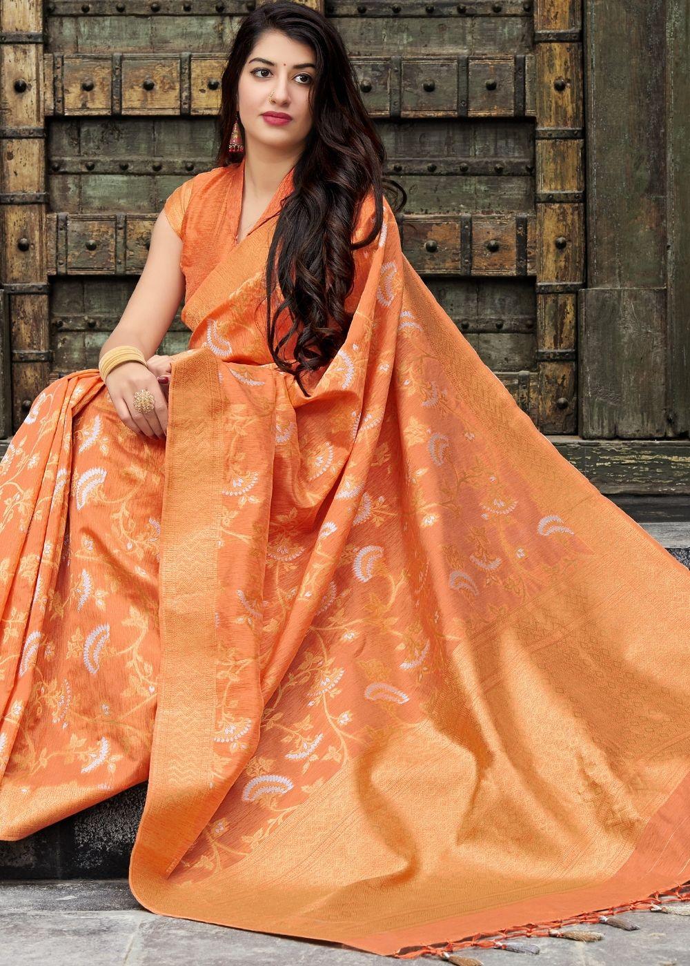 Apricot Orange Banarasi Silk Floral Motif Saree with Golden Border and Pallu | Stitched Blouse - qivii