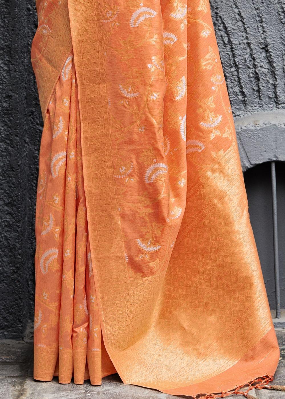 Apricot Orange Banarasi Silk Floral Motif Saree with Golden Border and Pallu | Stitched Blouse - qivii