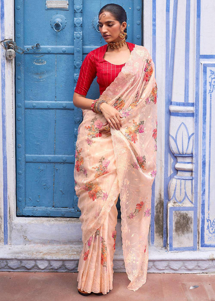 Apricot Orange Digital Print Tissue Silk Saree with Embroidery Thread work | Stitched Blouse - qivii