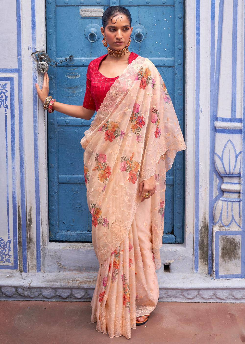 Apricot Orange Digital Print Tissue Silk Saree with Embroidery Thread work | Stitched Blouse - qivii