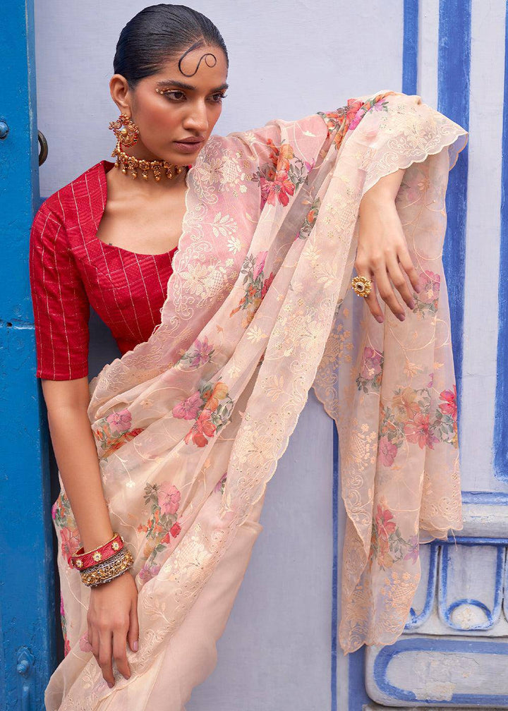 Apricot Orange Digital Print Tissue Silk Saree with Embroidery Thread work | Stitched Blouse - qivii