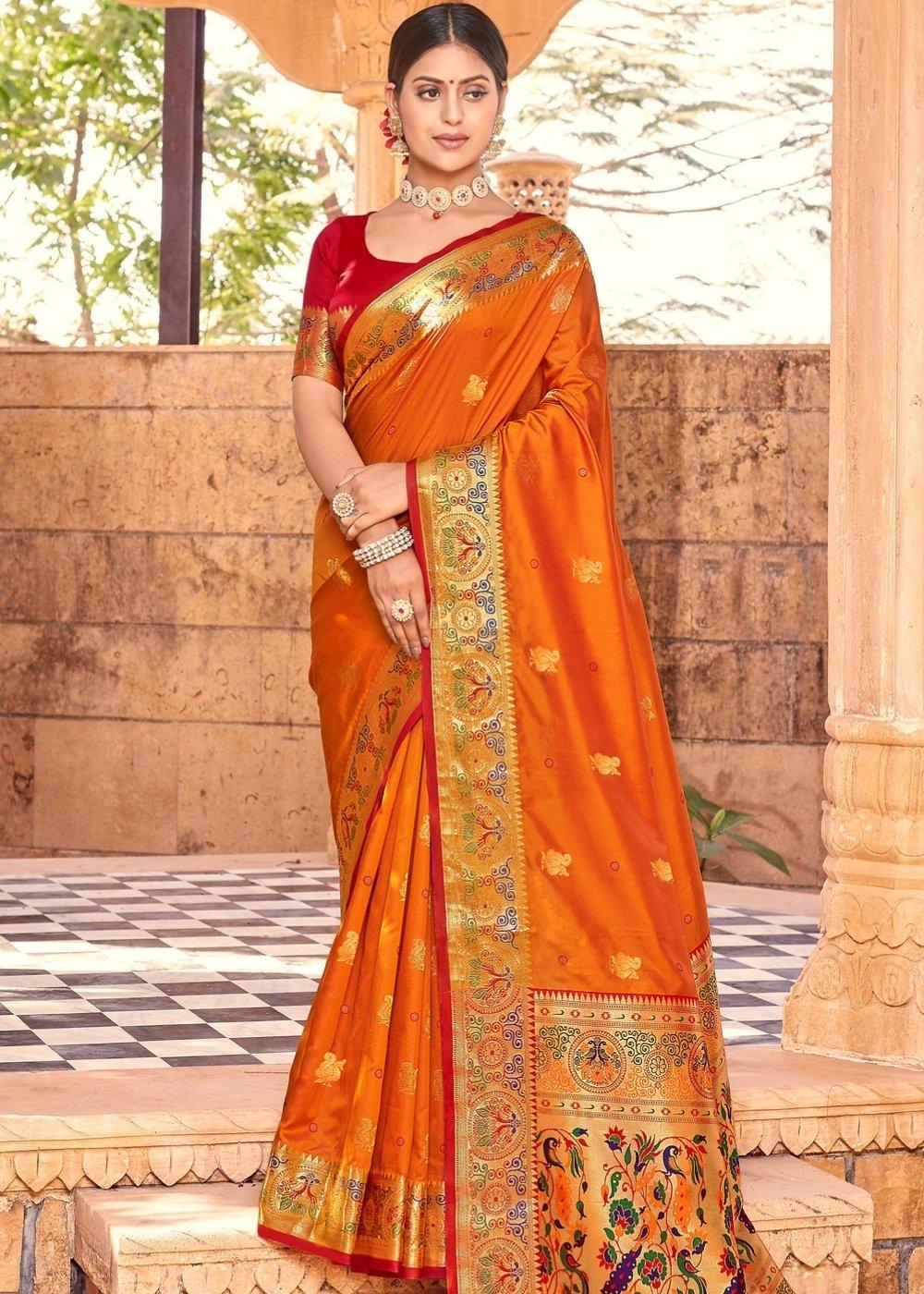 Apricot Orange Woven Paithani Silk Saree | Stitched Blouse - qivii