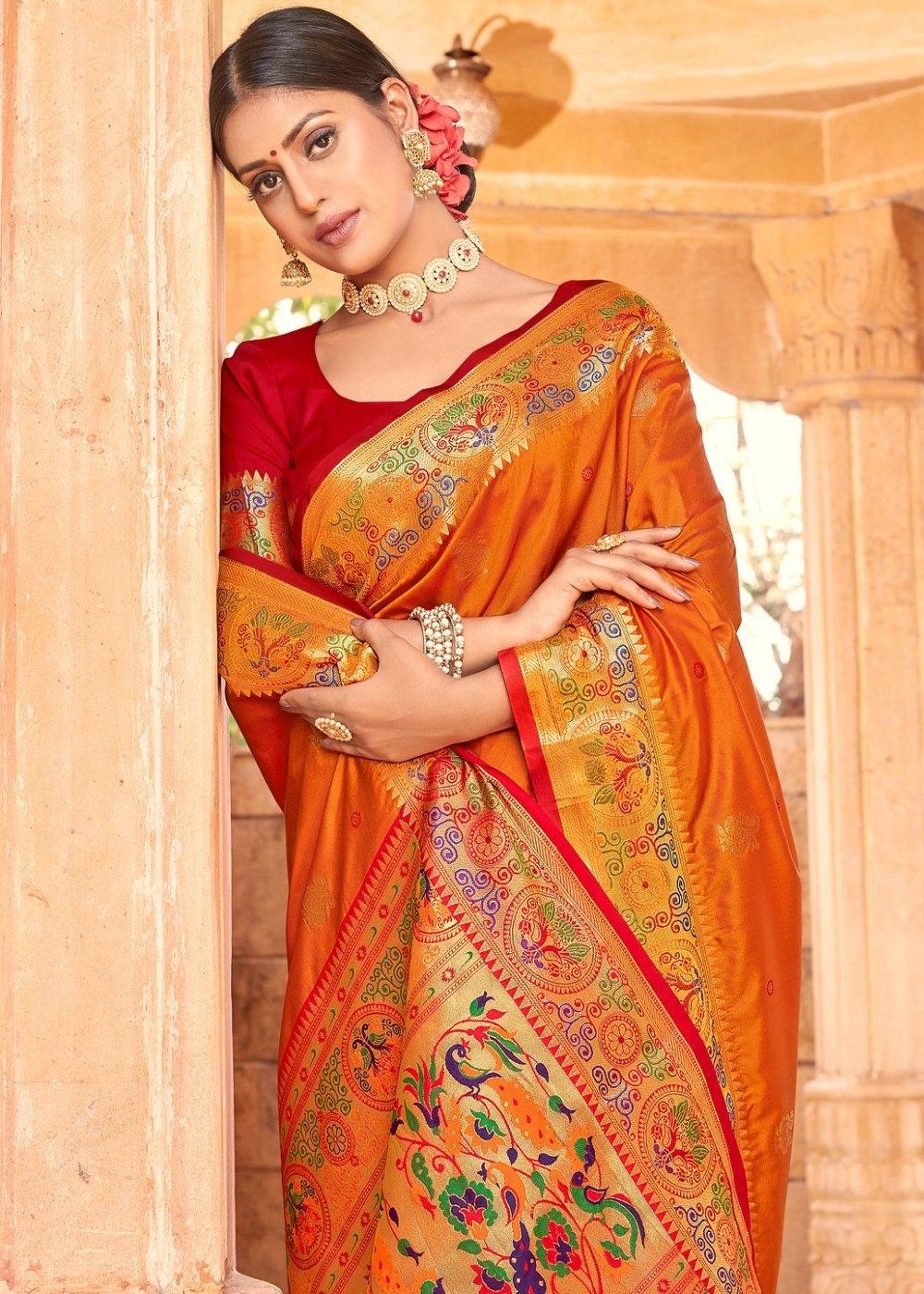 Apricot Orange Woven Paithani Silk Saree | Stitched Blouse - qivii