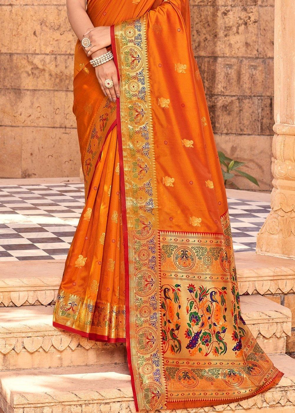 Apricot Orange Woven Paithani Silk Saree | Stitched Blouse - qivii