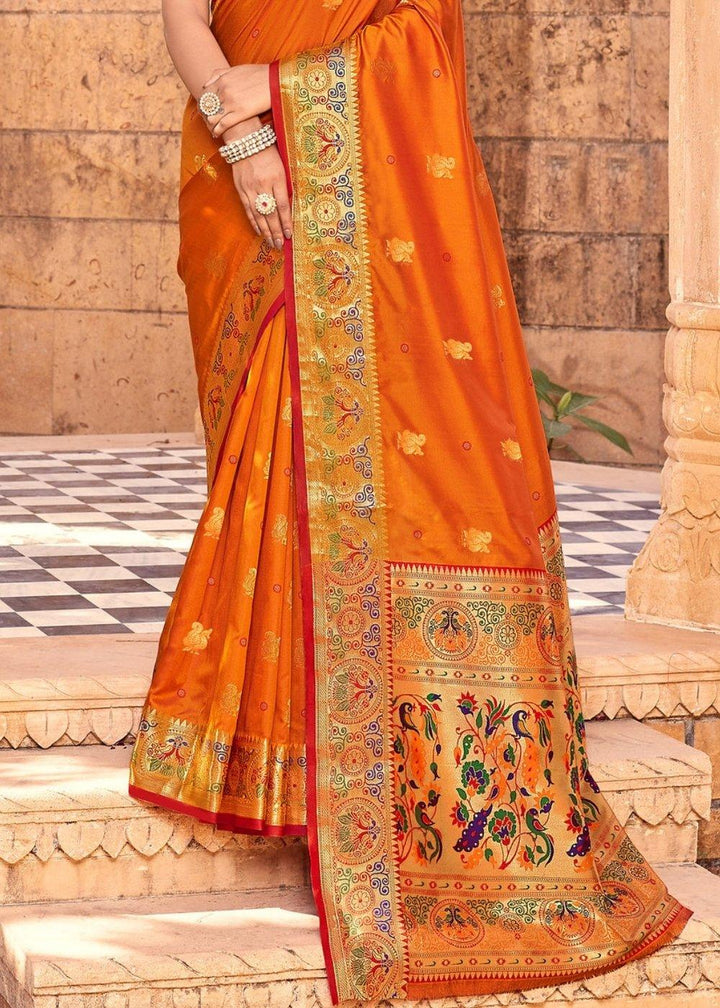 Apricot Orange Woven Paithani Silk Saree | Stitched Blouse - qivii