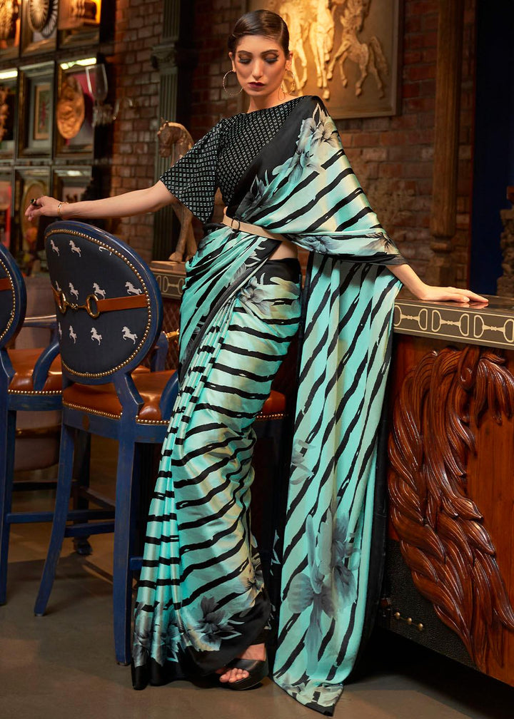 Aqua Blue Designer Satin Crepe Printed Saree | Stitched Blouse - qivii