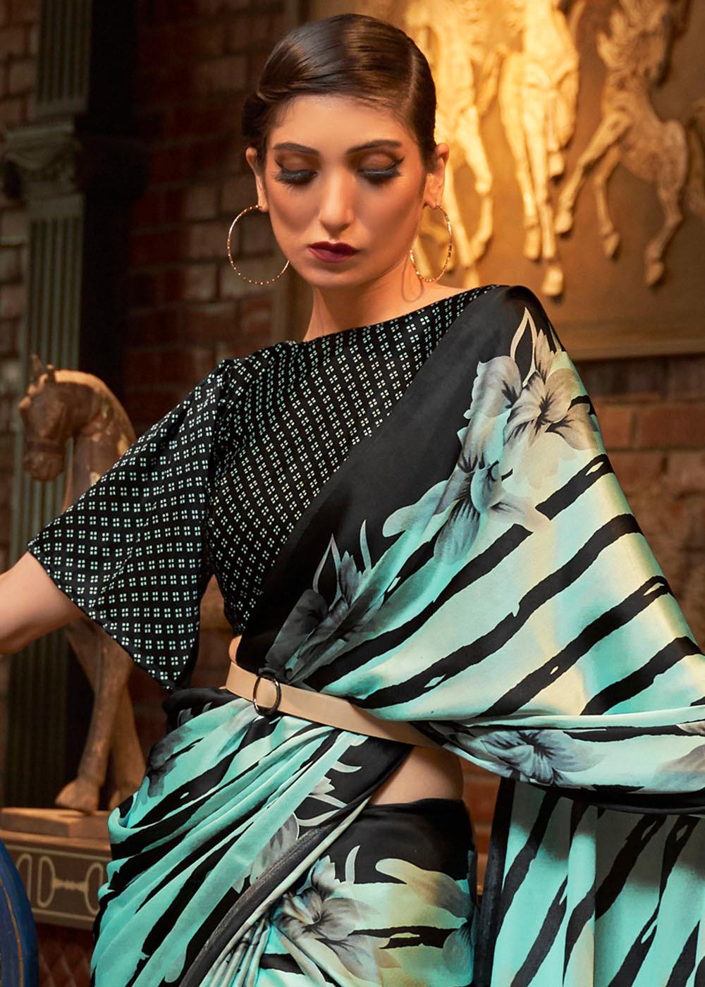 Aqua Blue Designer Satin Crepe Printed Saree | Stitched Blouse - qivii