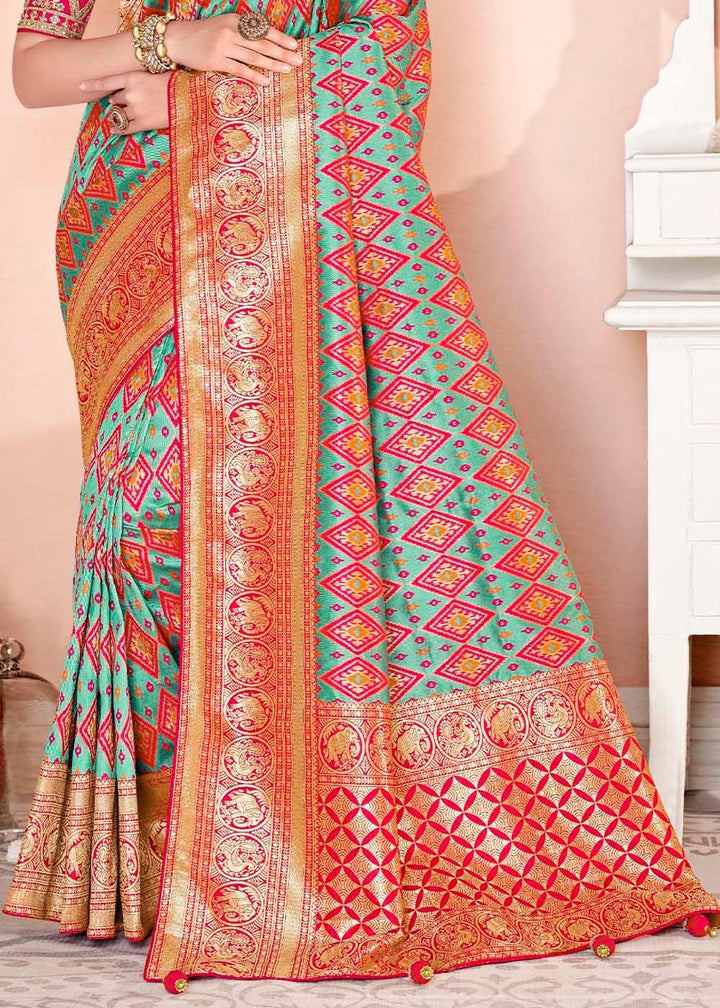 Aqua Blue Woven Banarasi Silk Saree with Embroidered Blouse | Stitched Blouse - qivii