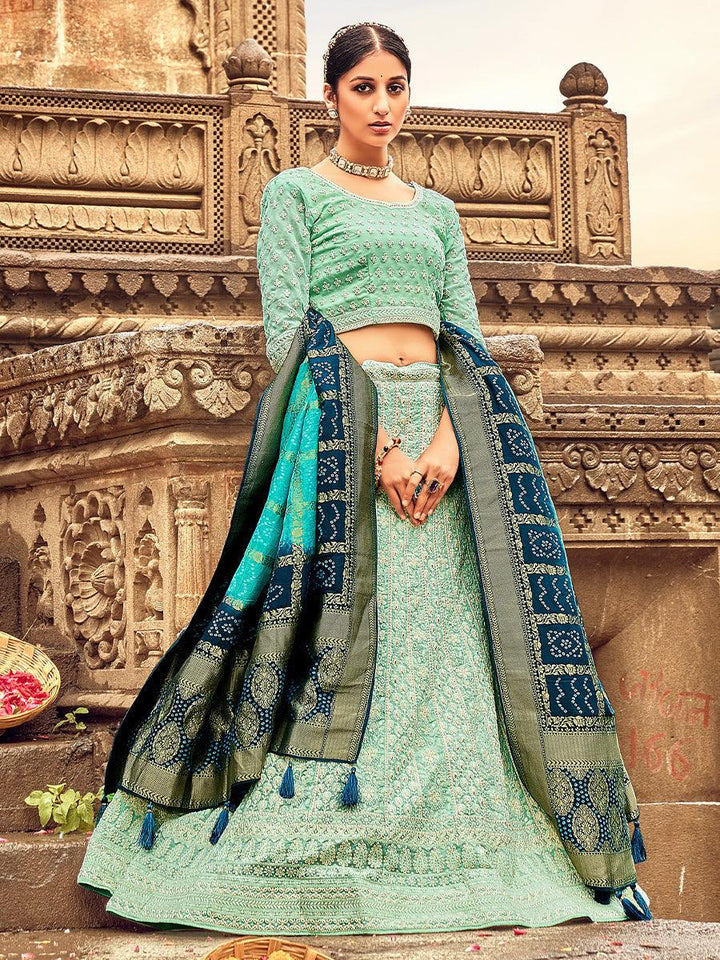 Aqua Green Georgette Lehenga Choli Having Lucknowi work and Banarasi Dupatta - qivii