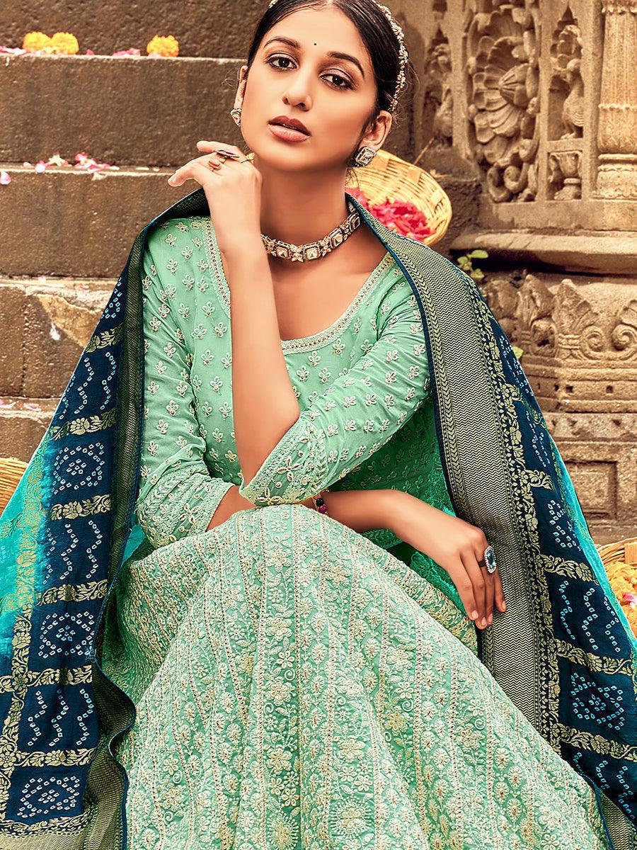 Aqua Green Georgette Lehenga Choli Having Lucknowi work and Banarasi Dupatta - qivii