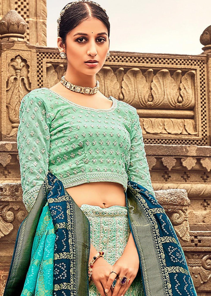 Aqua Green Georgette Lehenga Choli Having Lucknowi work and Banarasi Dupatta - qivii