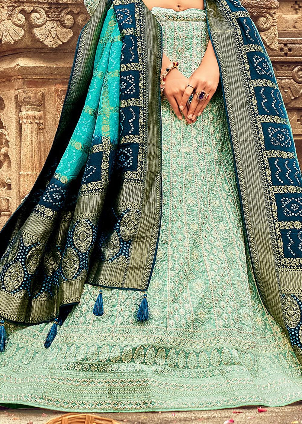 Aqua Green Georgette Lehenga Choli Having Lucknowi work and Banarasi Dupatta - qivii