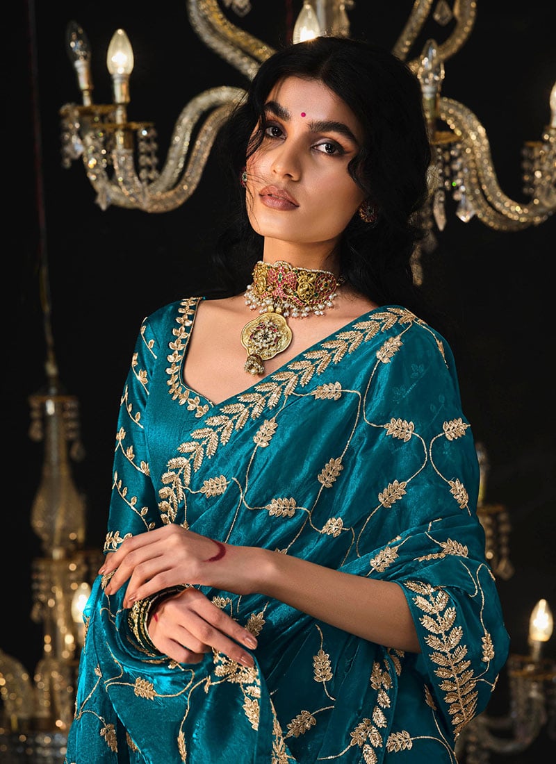 Aqua Satin Silk Saree Embellished with Stone,Sequin,Embroidery & Zarkan work