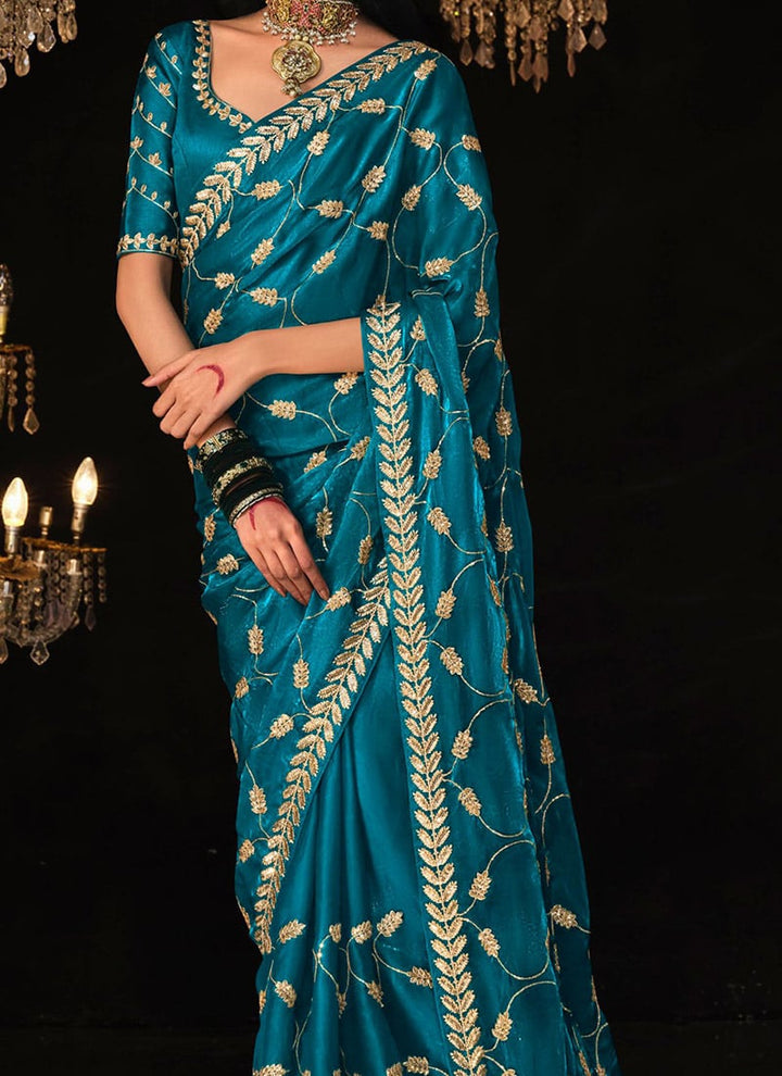 Aqua Satin Silk Saree Embellished with Stone,Sequin,Embroidery & Zarkan work