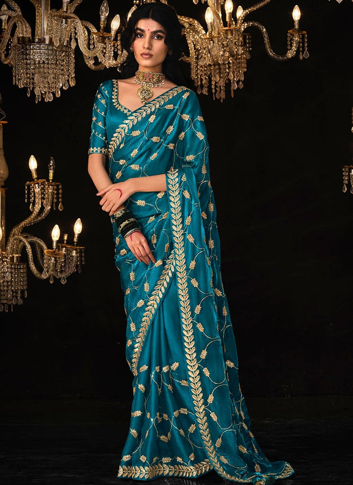 Aqua Satin Silk Saree Embellished with Stone,Sequin,Embroidery & Zarkan work