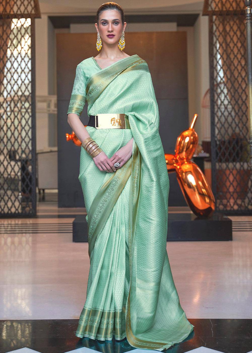 Aquamarine Green Woven Soft Silk Saree | Stitched Blouse - qivii