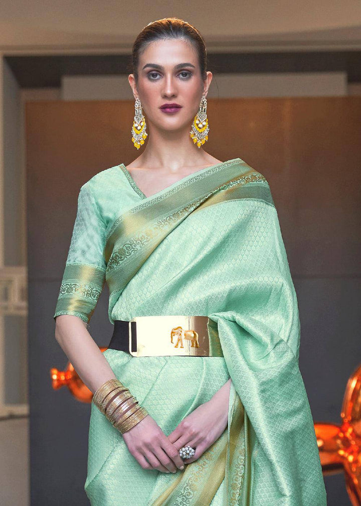 Aquamarine Green Woven Soft Silk Saree | Stitched Blouse - qivii