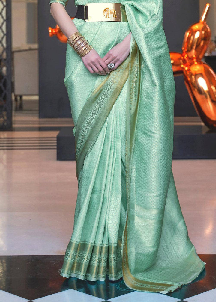 Aquamarine Green Woven Soft Silk Saree | Stitched Blouse - qivii