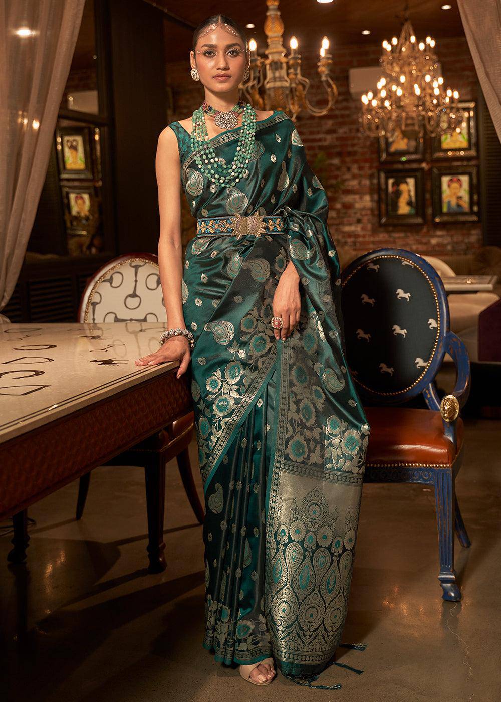 Arabian Green Handloom Woven Satin Silk Saree | Stitched Blouse - qivii