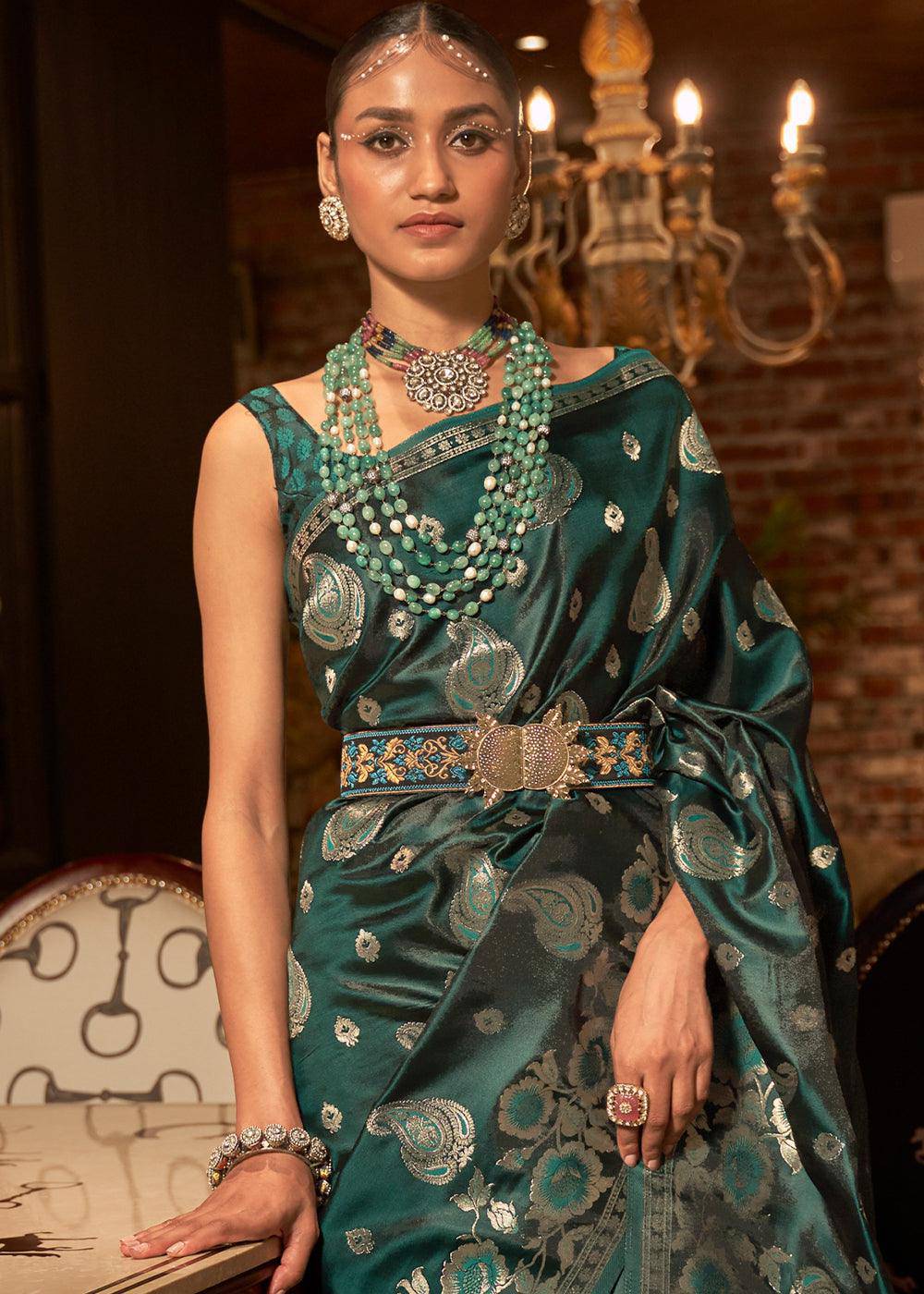 Arabian Green Handloom Woven Satin Silk Saree | Stitched Blouse - qivii