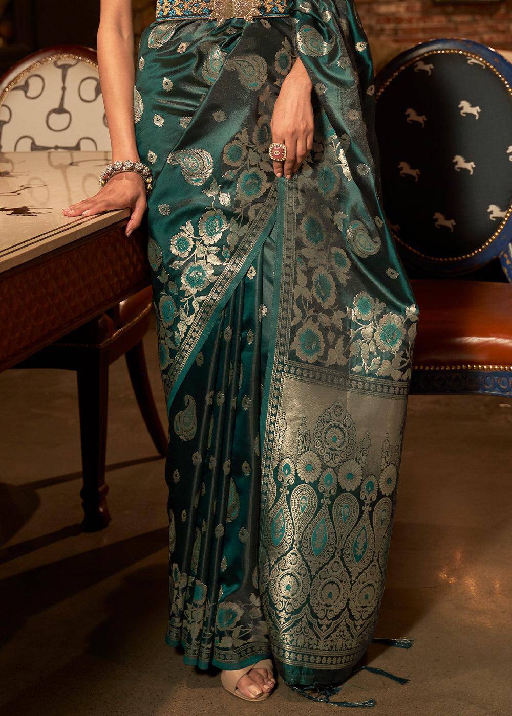 Arabian Green Handloom Woven Satin Silk Saree | Stitched Blouse - qivii