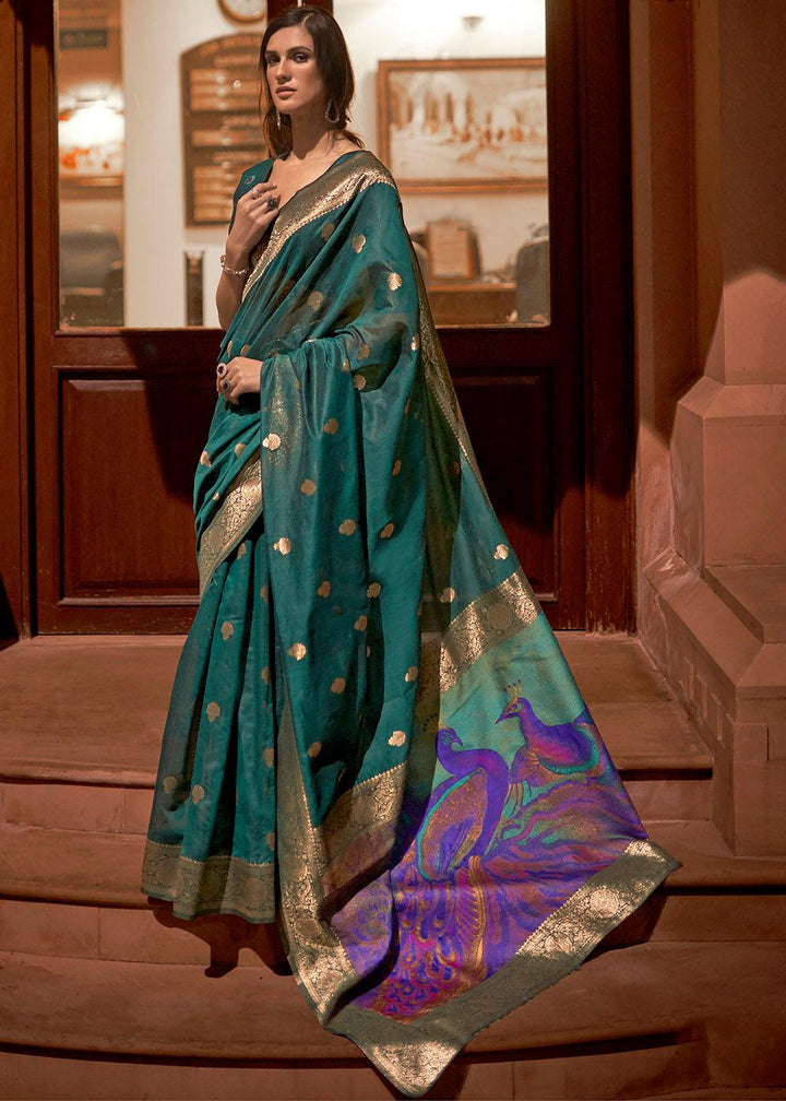 Arabian Green Woven Chanderi Banarasi Fusion Silk Saree | Stitched Blouse - qivii