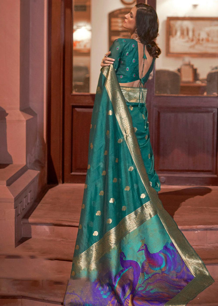 Arabian Green Woven Chanderi Banarasi Fusion Silk Saree | Stitched Blouse - qivii